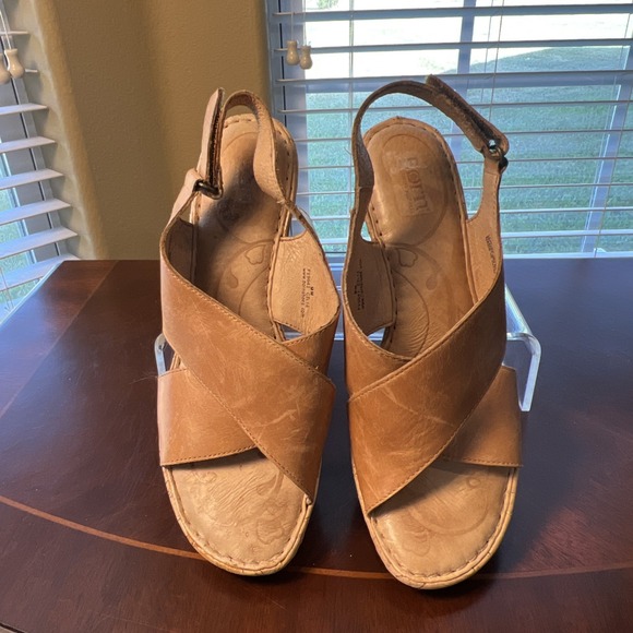 Born Shoes - Born Tan Leather Cork Wedge Sandals Women Sz 9 Boho F19641 Comfort High Heel